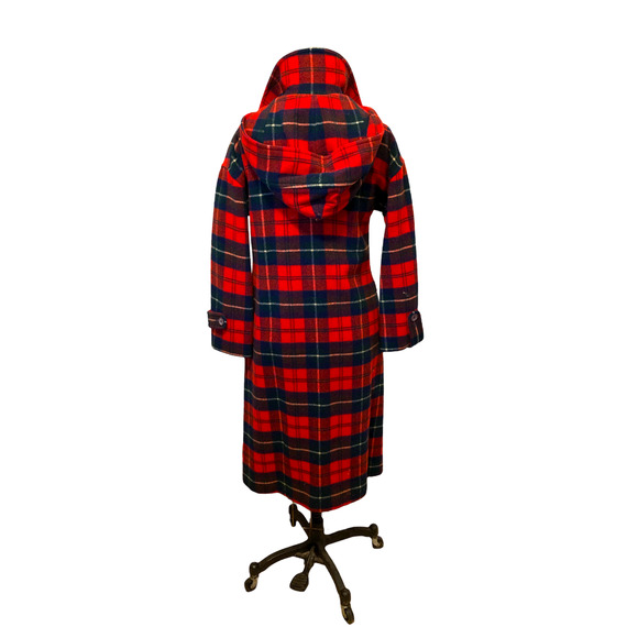 THE SYLVIA: Vintage 60s Pendleton Red Plaid Tartan Wool Hooded Duffle Coat - Picture 2 of 10